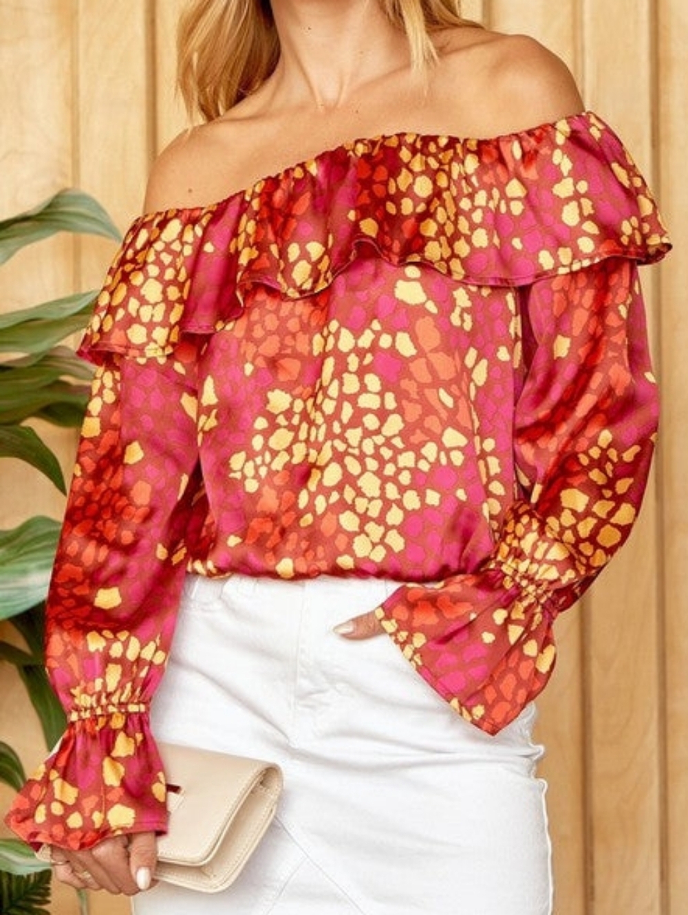Emily Wonder Off-Shoulder Ruffle Blouse in Pink and Gold